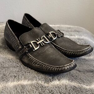 Robert Wayne Men's Dark Gray Leather Slip-On Loafers with Silver Bit